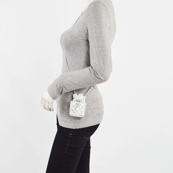 Chanel Metallic Silver Quilted Leather Mini Drawstring CC Bucket Bag - Picture 2 of 12